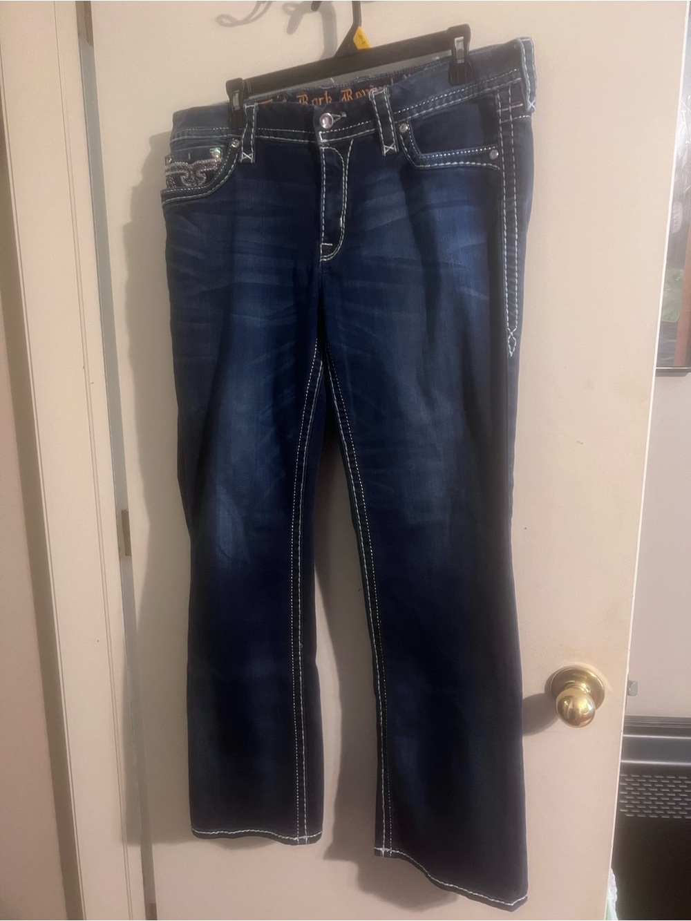 Rock Revival Dark Blue Jeans with White Stitching